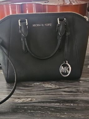 Michael Kors Black Leather Satchel with MK Charm